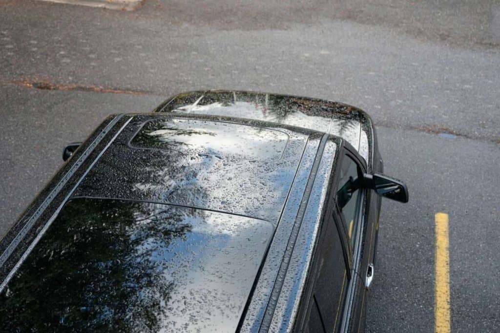 Overhead view of a shiny black car with ceramic window tint in a parking lot, rain droplets dot the roof while the reflection of trees dances across its sleek surface.